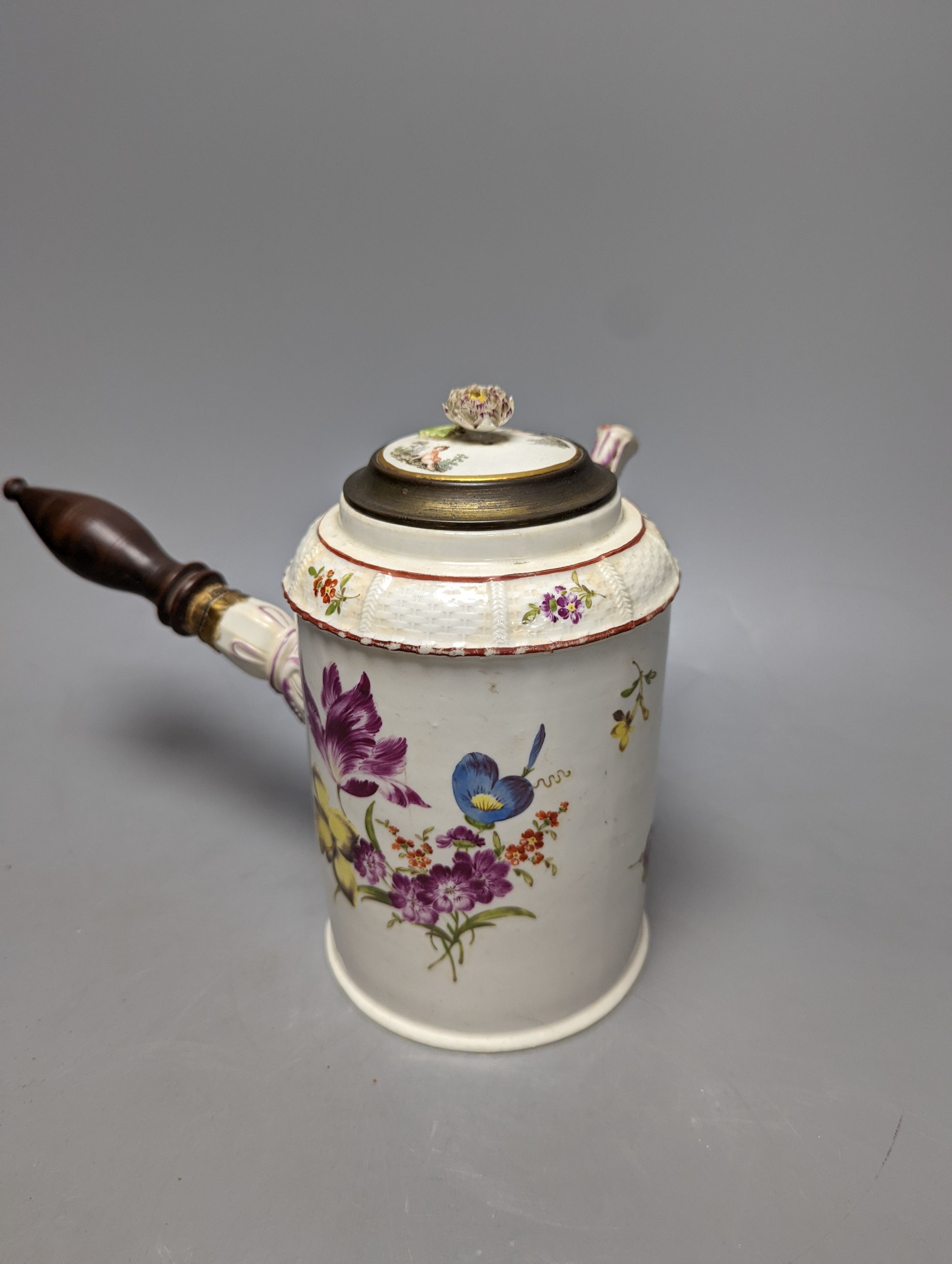 A Ludwigsburg chocolate pot, late 18th century, 18cm, associated ormolu mounted cover